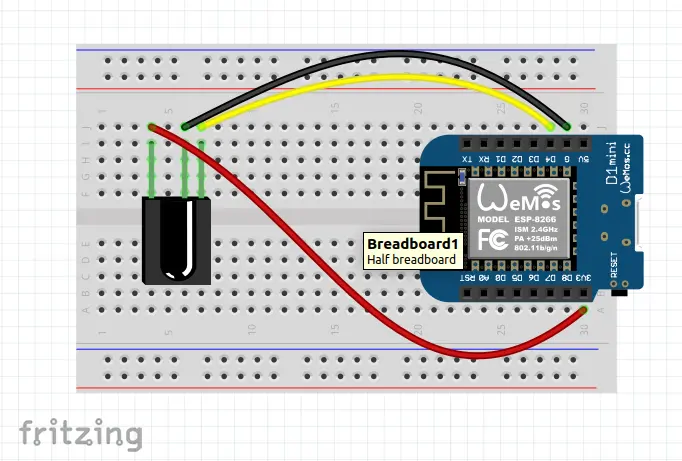 Steckplatine mit ESP8266 und IR-Sensor verkabelt